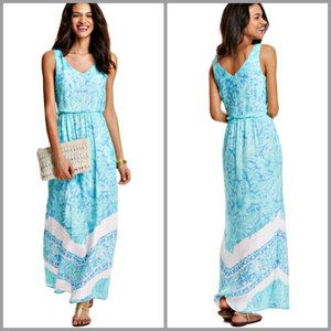 NWOT Vineyard Vines Silk Palm Leaf Scarf Print Maxi Dress Capri Blue Lined